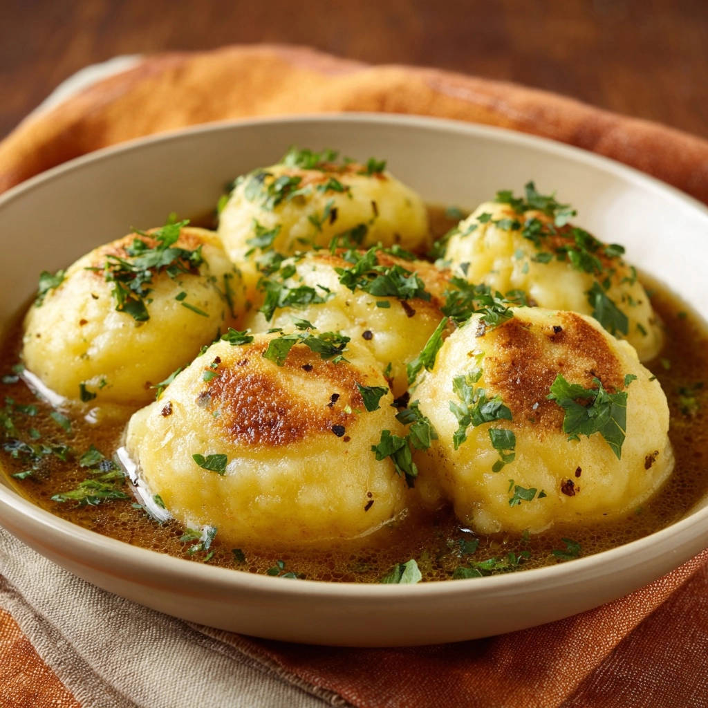 Goldbraune Pfannen-Gnocchi mit frischer Petersilie garniert in einer braunen Sauce, nahaufnahme