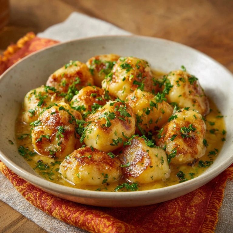 Goldbraune Pfannen-Gnocchi mit Petersilie garniert in einer Schüssel auf einem Tuch serviert