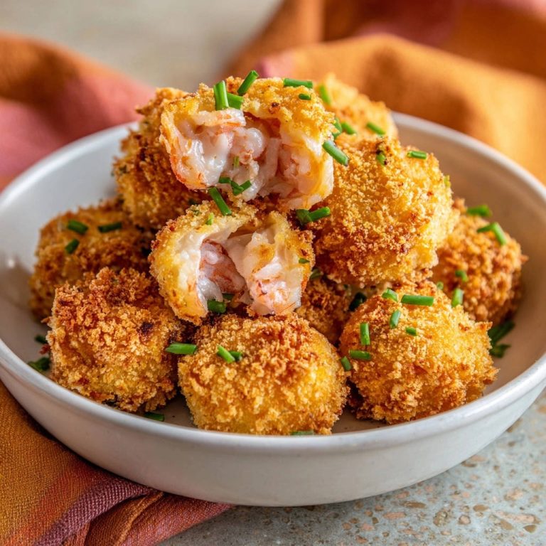 Goldene Garnelenbällchen, angeschnitten, zeigen den saftigen Garnelenkern und die knusprige Panade, garniert mit Schnittlauch.