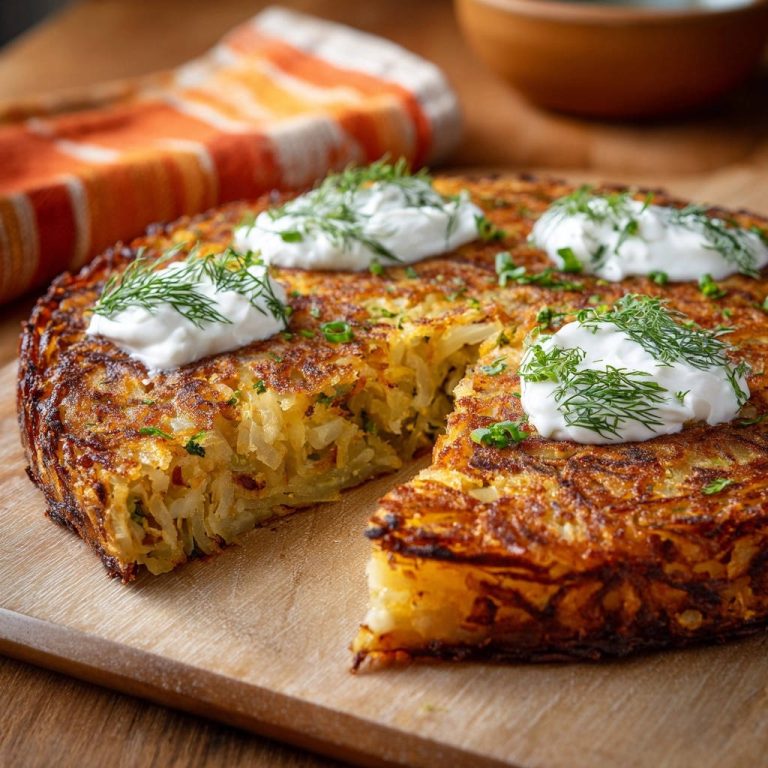 Großer goldbrauner Kartoffelkuchen angeschnitten mit Klecksen Sauerrahm und Dill garniert auf einem Holzbrett