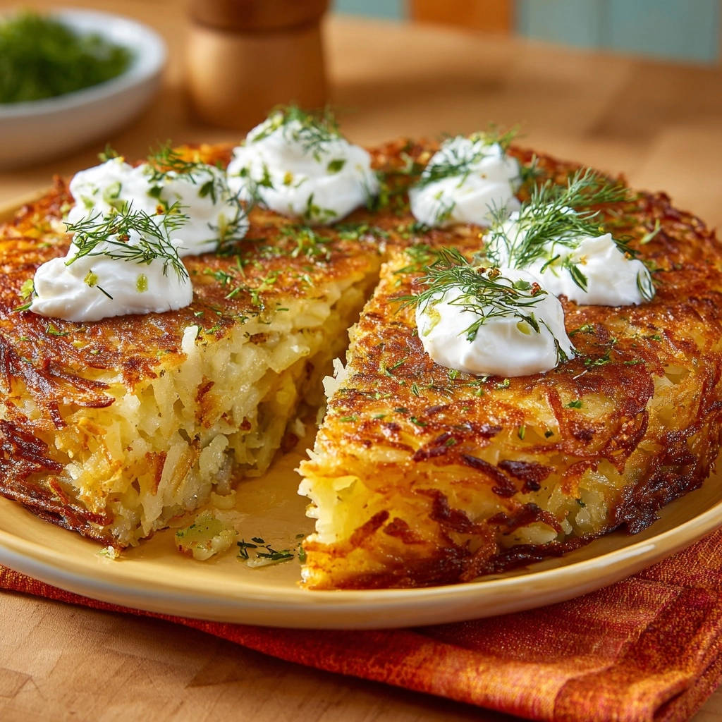 Großer goldbrauner Kartoffelkuchen angeschnitten mit Klecksen von Creme und Dill garniert, zeigt die knusprige Textur.