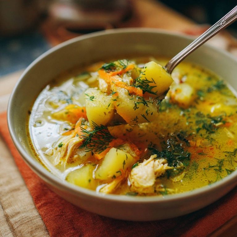 Deftige Hähnchen-Kartoffel-Suppe mit Dill, von einem Löffel aufgenommen, zeigt Kartoffelstücke und zartes Hühnchenfleisch.