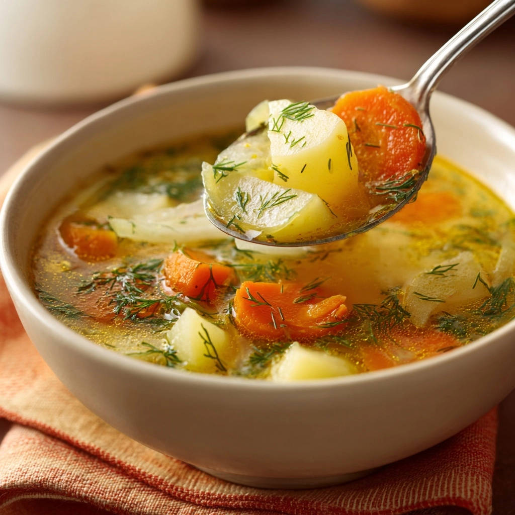 Deftige Hähnchen-Kartoffel-Suppe mit Möhren und Dill, nahaufnahme eines Löffels mit den Zutaten.