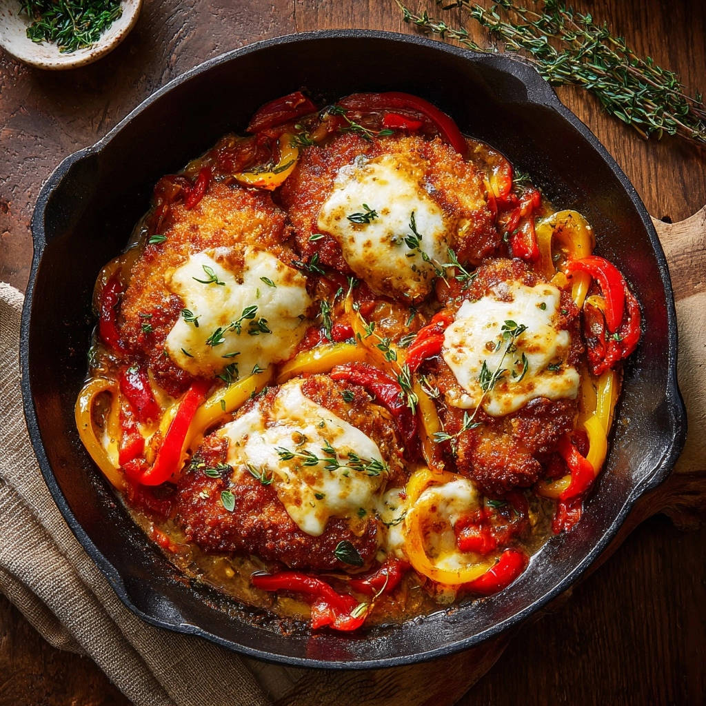 Saftige Hähnchenschnitzel-Pfanne mit Paprika und Mozzarella, in einer gusseisernen Pfanne mit geschmolzenem Käse und frischen Kräutern serviert.