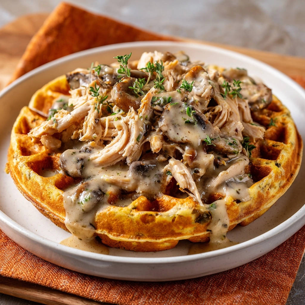 Herzhafte Hähnchen-Pilz-Waffeln garniert mit frischen Kräutern und serviert auf einer weißen Platte.