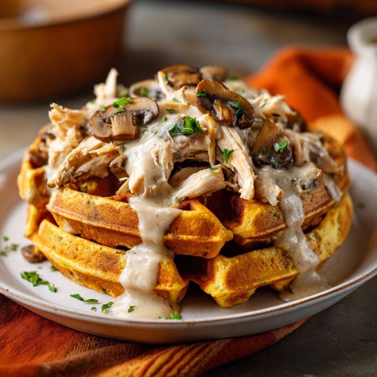 Herzhafte Hähnchen-Pilz-Waffeln, großzügig mit cremiger Sauce, zartem Hähnchen und Pilzen garniert