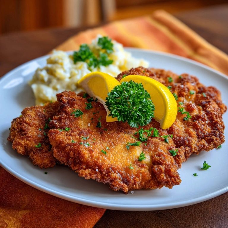 Goldbraunes Hähnchen-Schnitzel mit cremigem Kartoffelsalat, garniert mit Zitrone und Petersilie, Nahaufnahme des servierten Gerichts.