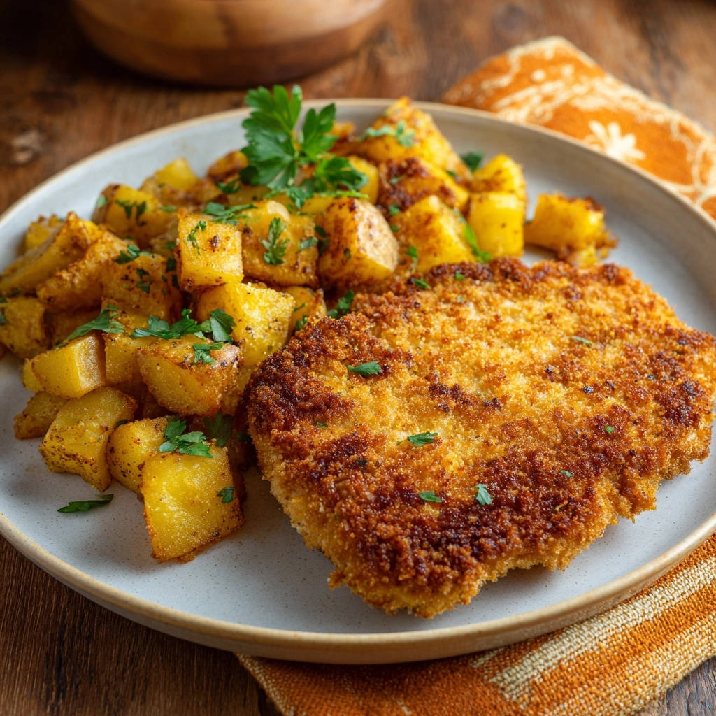 Goldbraunes Hähnchen-Schnitzel mit Rosmarinkartoffeln, knusprig paniert und mit frischer Petersilie garniert, nahaufnahme auf einem Teller.
