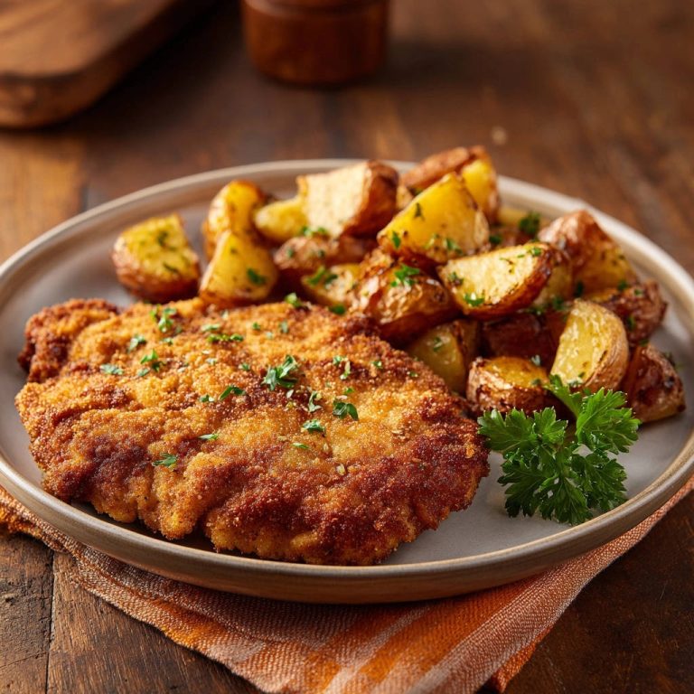 Goldbraunes Hähnchen-Schnitzel mit Rosmarinkartoffeln, knusprig und saftig auf einem Teller serviert mit Petersilie garniert.