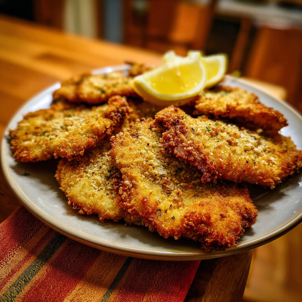 Hähnchenschnitzel goldbraun gebraten als goldbraune paniertes Hähnchenbrustfilet auf einem Teller mit Zitrone garniert.