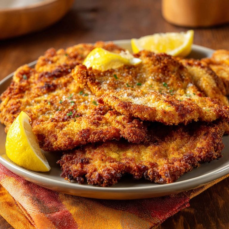 Hähnchenschnitzel goldbraun gebraten nahaufnahme mit Zitronenspalten auf einem Teller serviert