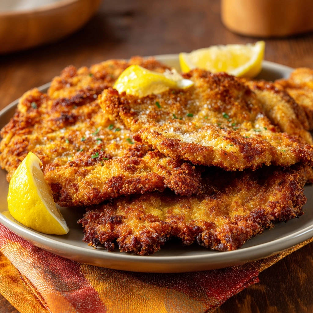 Hähnchenschnitzel goldbraun gebraten nahaufnahme mit Zitronenspalten auf einem Teller serviert