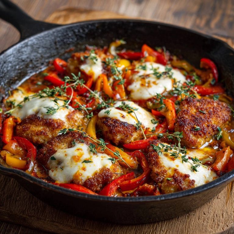Saftige Hähnchenschnitzel-Pfanne mit Paprika und Mozzarella in gusseiserner Pfanne mit frischen Kräutern garniert