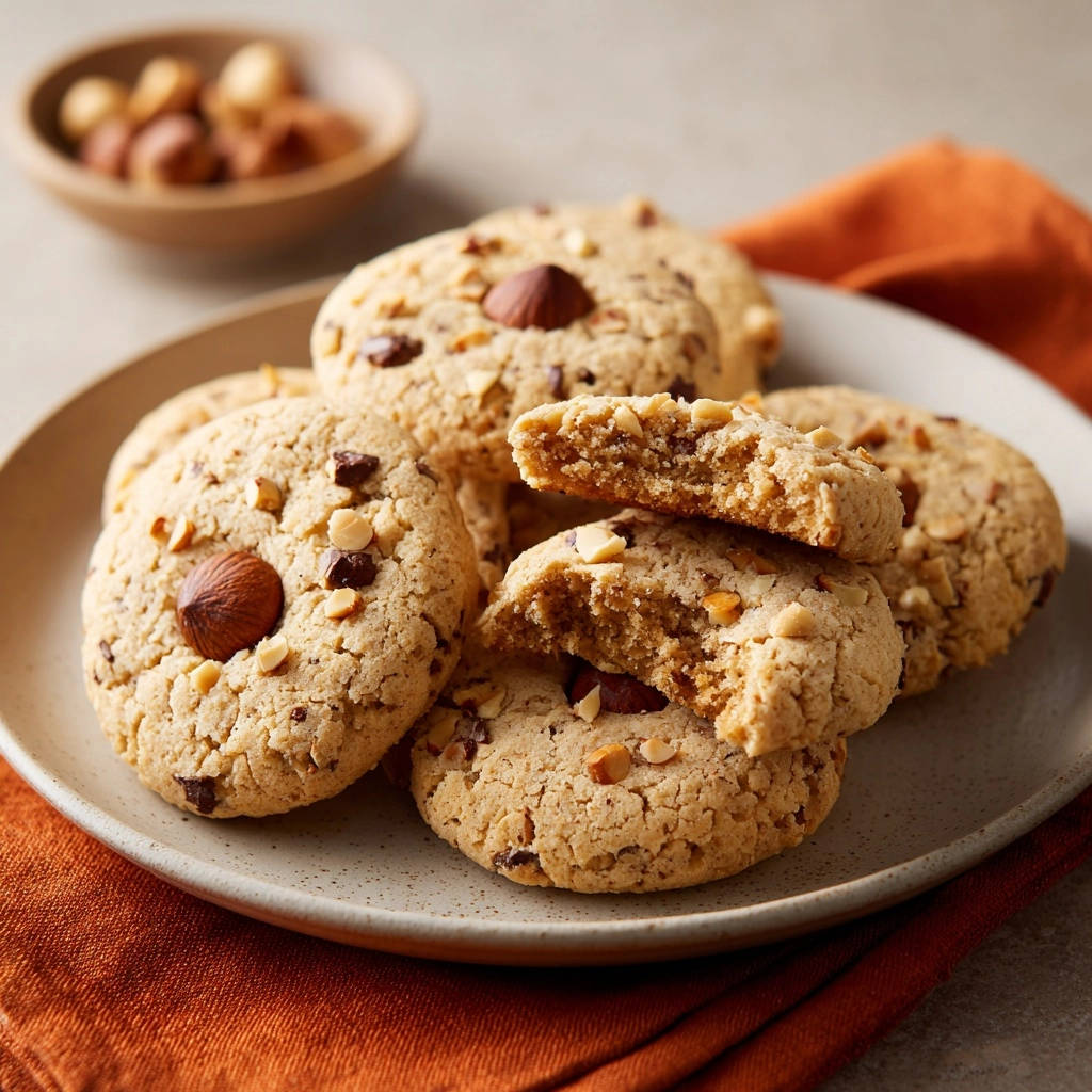 Saftige Haselnuss-Schoko-Cookies angeschnitten auf einem Teller, mit Nahaufnahme des Keksinneren und Haselnüssen.
