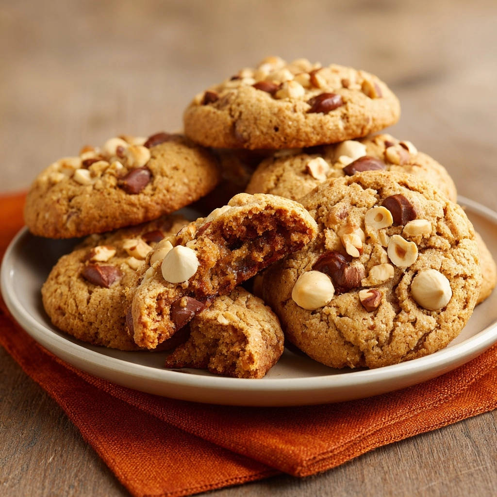 Saftige Haselnuss-Schoko-Cookies, angeschnitten, um das saftige Innere mit geschmolzener Schokolade und Haselnüssen zu zeigen.
