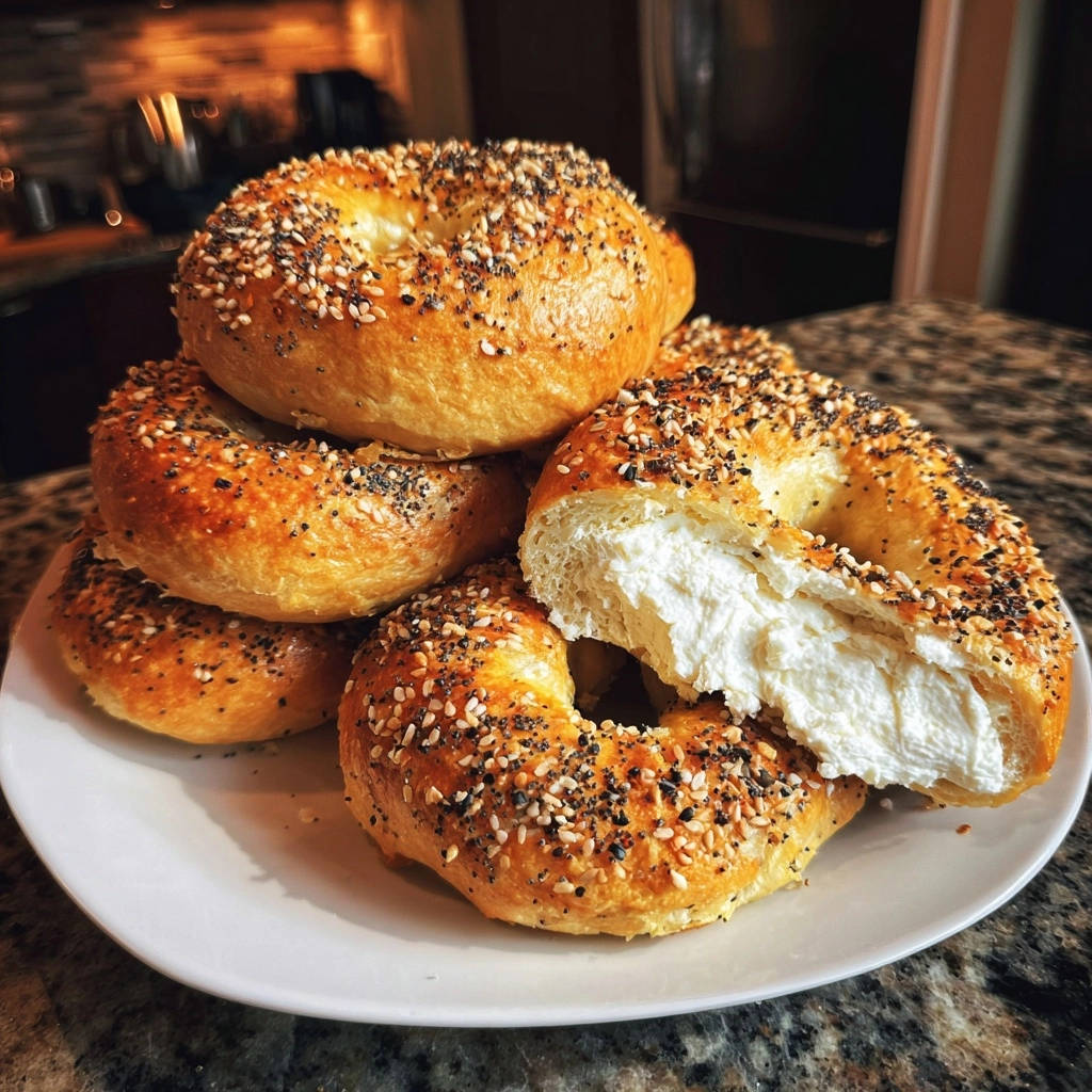 Hausgemachte Everything Bagels mit Frischkäse, angeschnitten, um die cremige Füllung und die goldbraune Kruste zu zeigen.