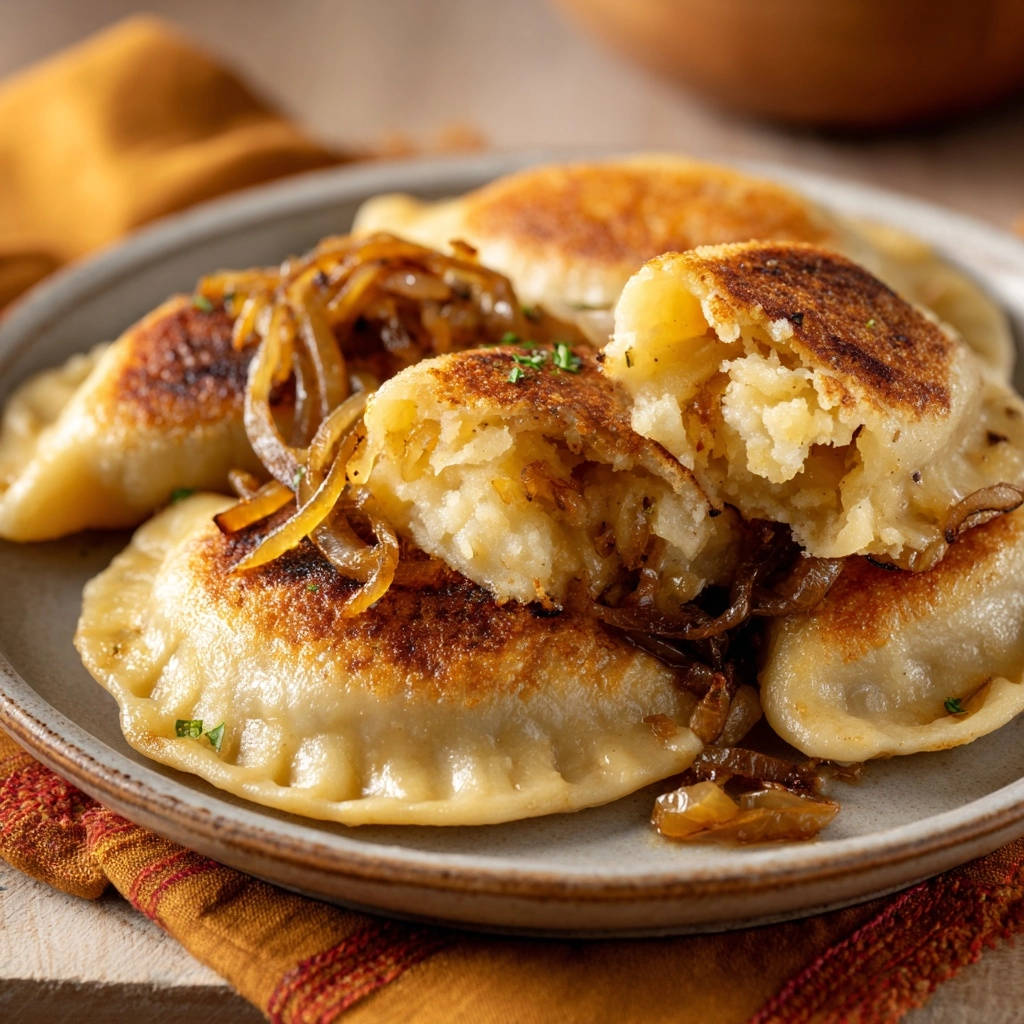 Hausgemachte Kartoffel-Pierogi mit Röstzwiebeln, angeschnitten und mit goldbrauner Füllung sichtbar.