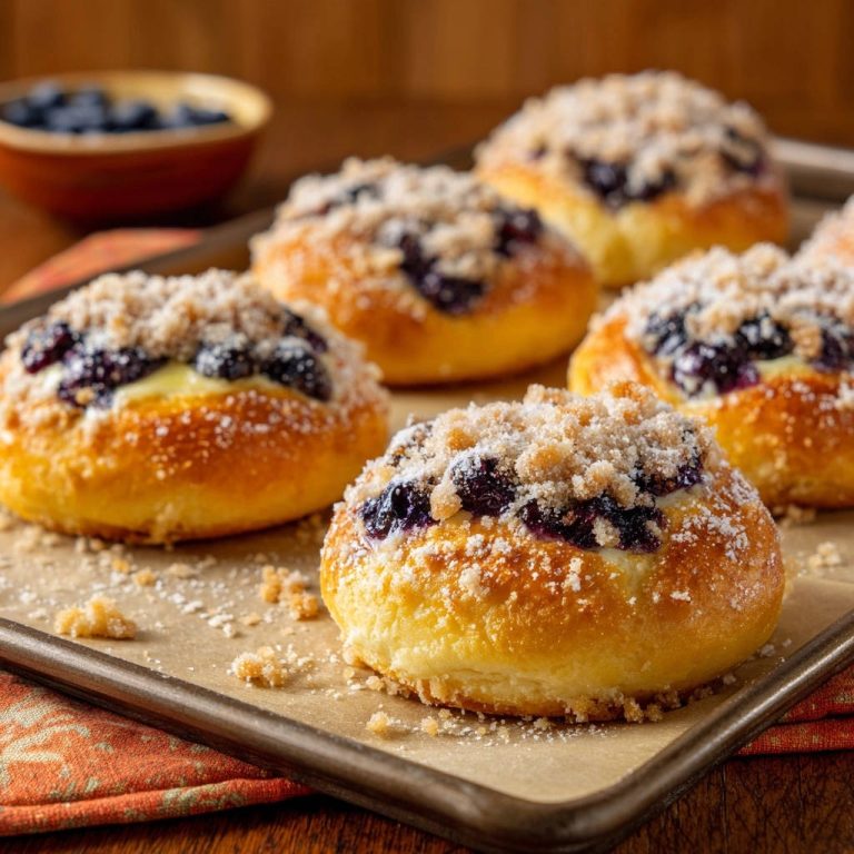 Heidelbeer-Streuseltaler mit Vanillecreme als Nahaufnahme mit Fokus auf die Streuselkrume und Blaubeeren.
