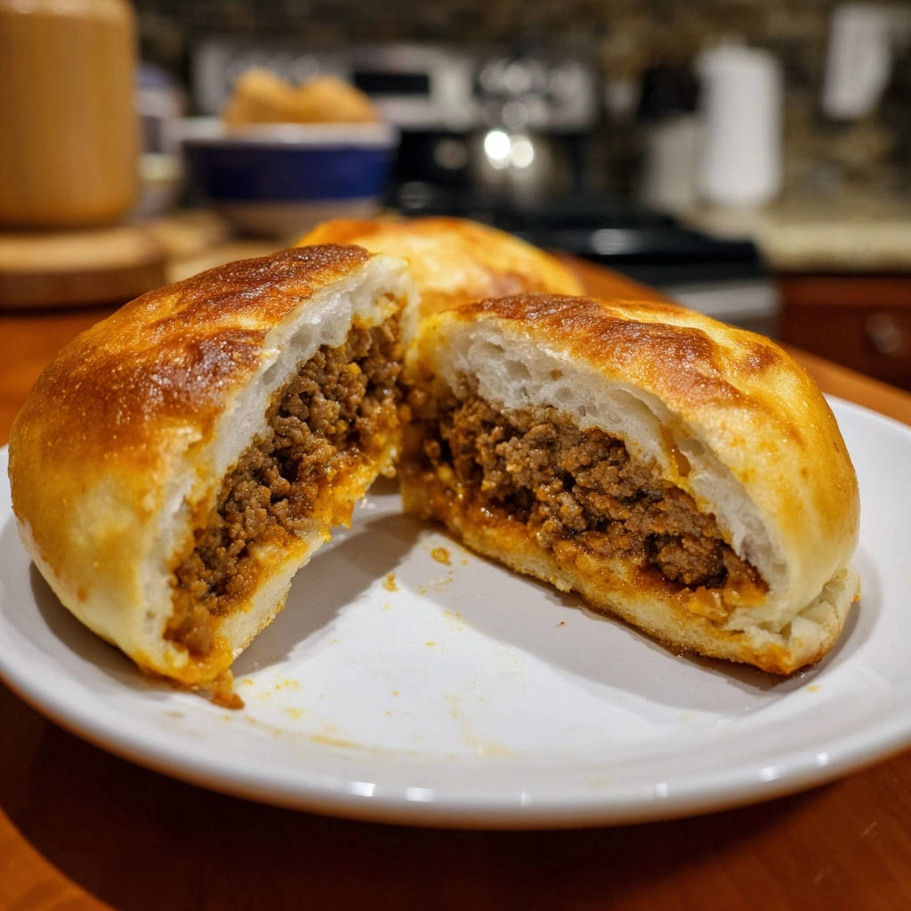 Herzhafte Hackfleischbrötchen angeschnitten, die das saftige Hackfleisch im lockeren Teig zeigen.