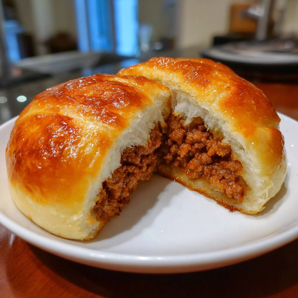 Herzhafte Hackfleischbrötchen angeschnitten, die weiche Krume und die herzhafte Hackfleischfüllung sind deutlich sichtbar.