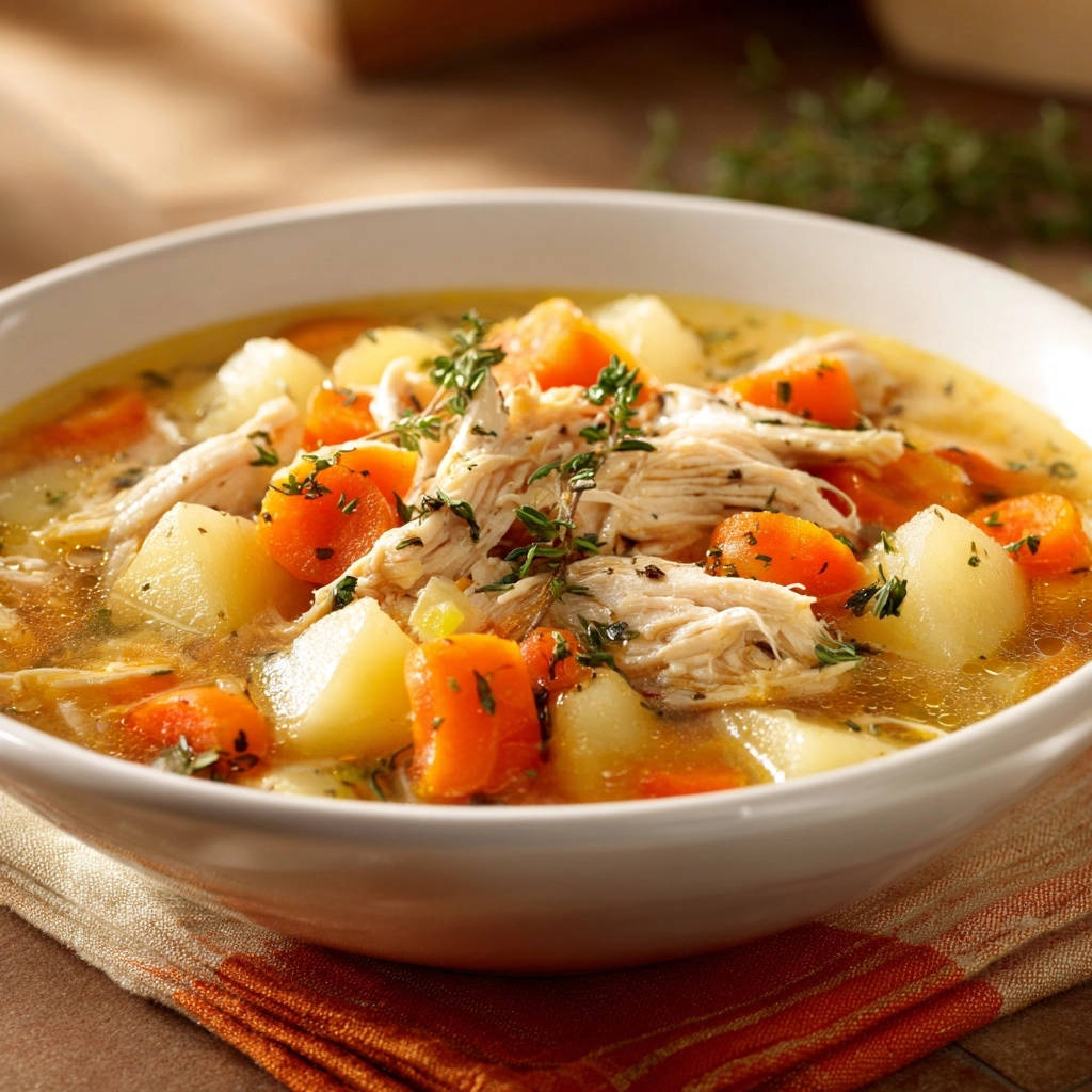 Herzhafte Hühnersuppe mit zartem Hähnchen, Karotten und Kartoffeln, garniert mit frischen Kräutern.