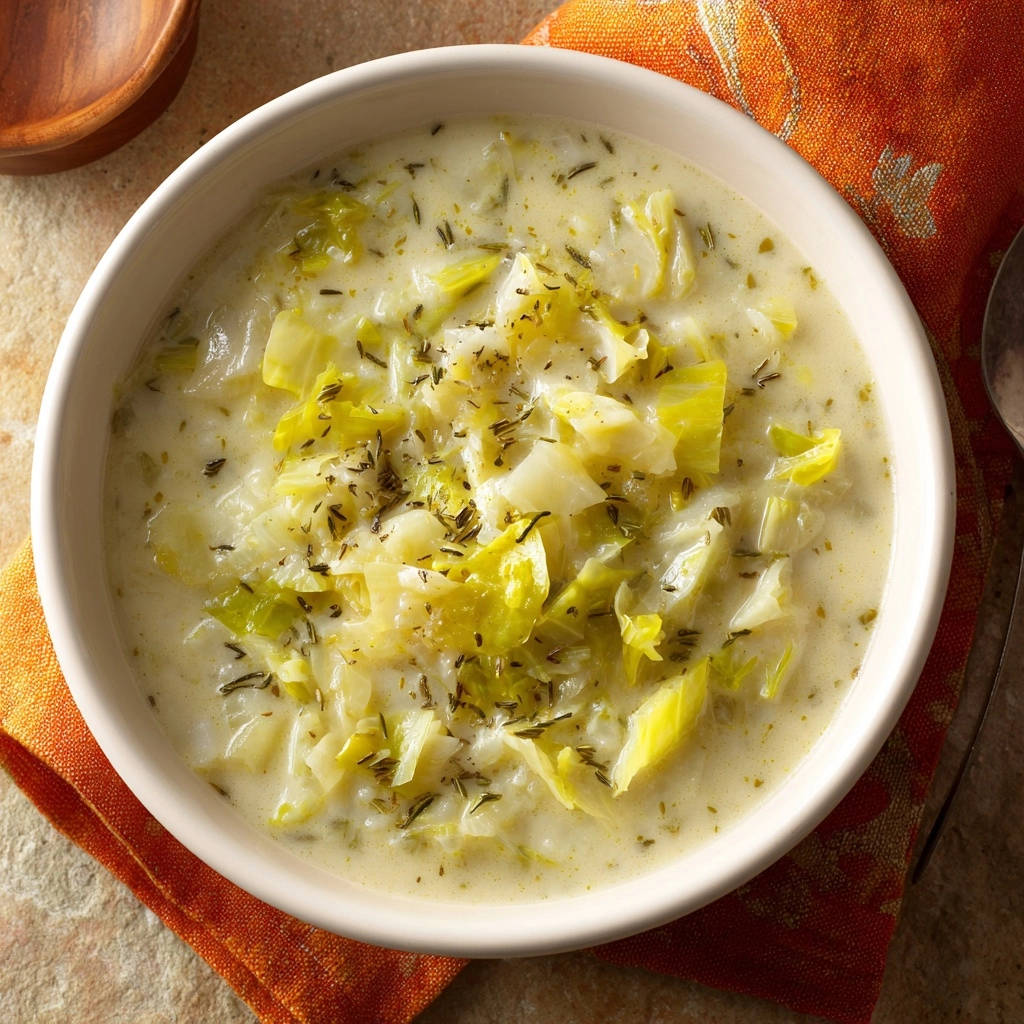 Herzhafte cremige Kohlsuppe mit frischen Kräutern als Nahaufnahme in einer weißen Schüssel.