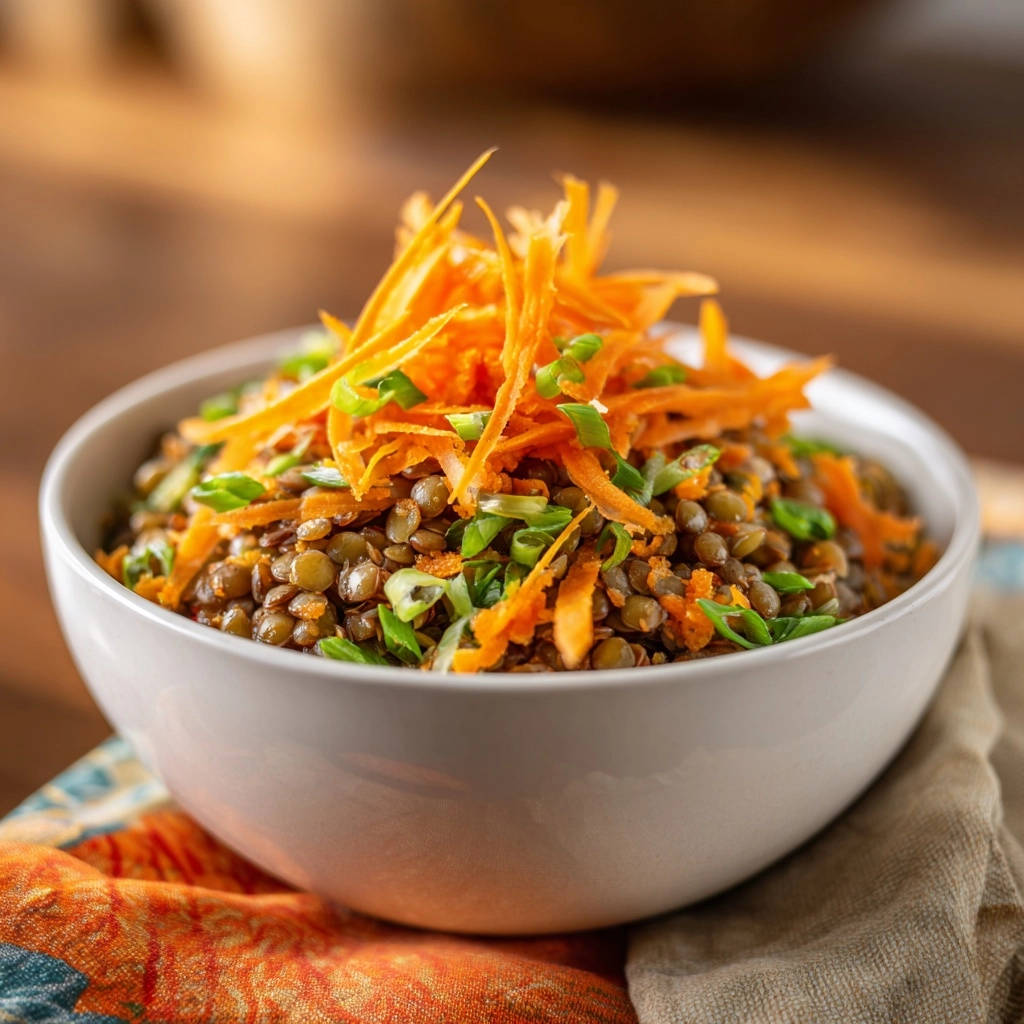 Herzhafte Linsen-Bowl mit Karotten, garniert mit frisch geraspelten Karotten und Frühlingszwiebeln in einer weißen Schüssel.