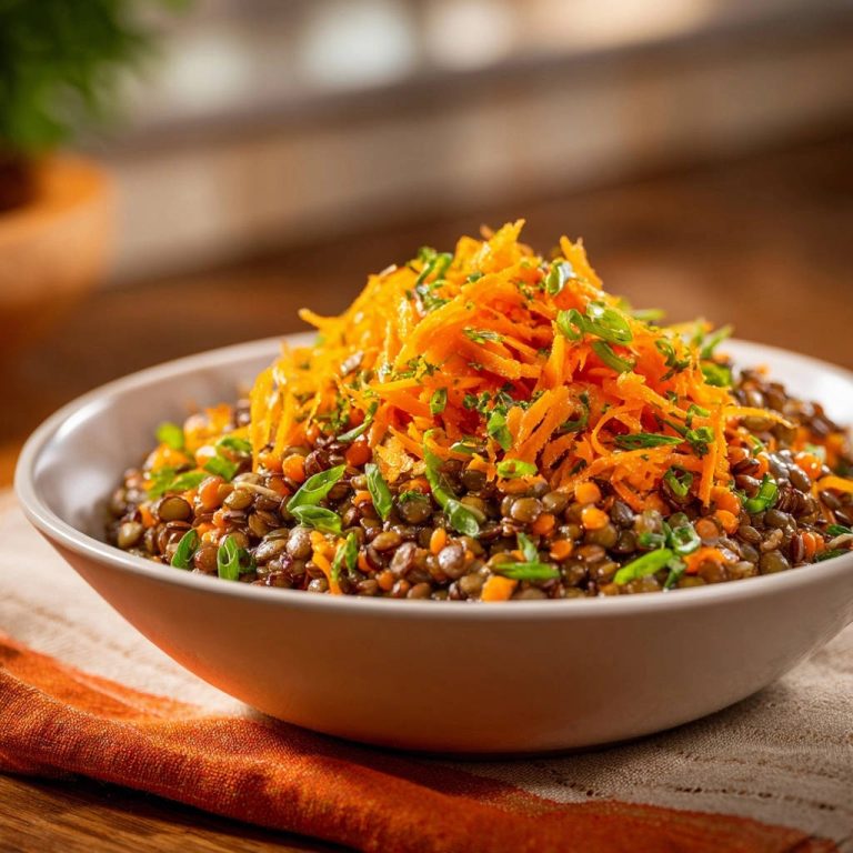 Herzhafte Linsen-Bowl mit Karotten, garniert mit geraspelten Karotten und Frühlingszwiebeln in einer Schüssel