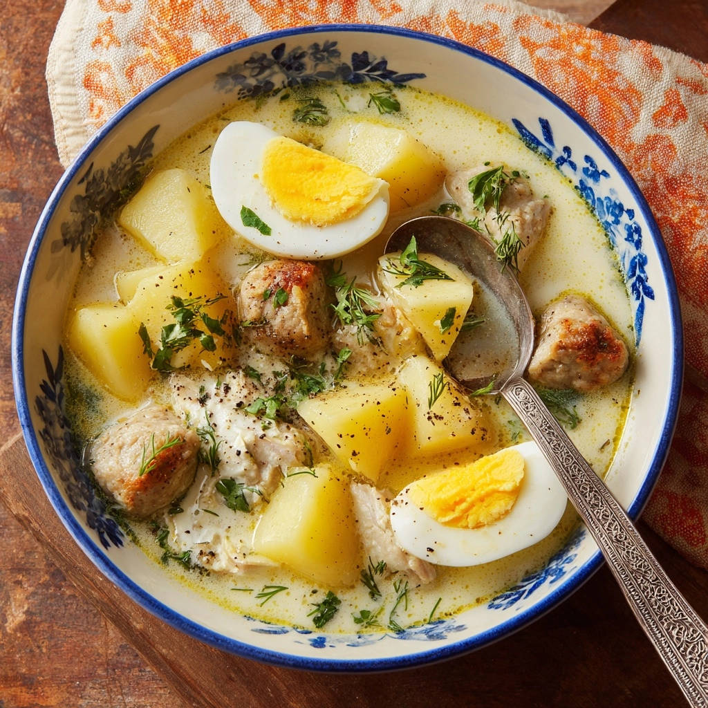Herzhafte Rahmsuppe mit Fisch und Kartoffeln, serviert in einer blauen und weißen Schüssel mit hartgekochtem Ei und Kräutern.