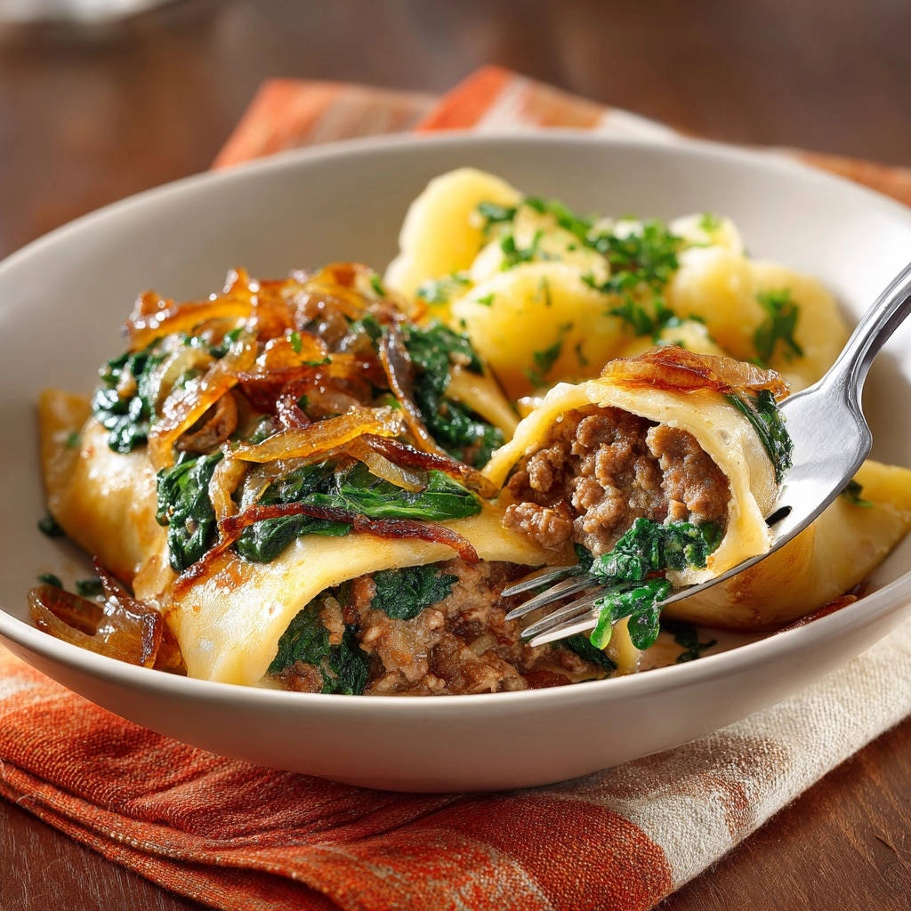 Herzhafte schwäbische Maultaschen im Querschnitt, gefüllt mit Hackfleisch und Spinat, auf einem Teller serviert.