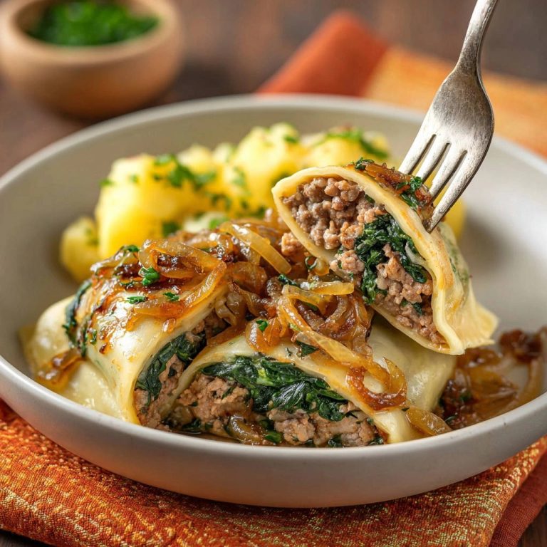 Herzhafte schwäbische Maultaschen angeschnitten mit Gabel, gefüllt mit Hackfleisch und Spinat, serviert mit Zwiebeln und Kartoffeln.