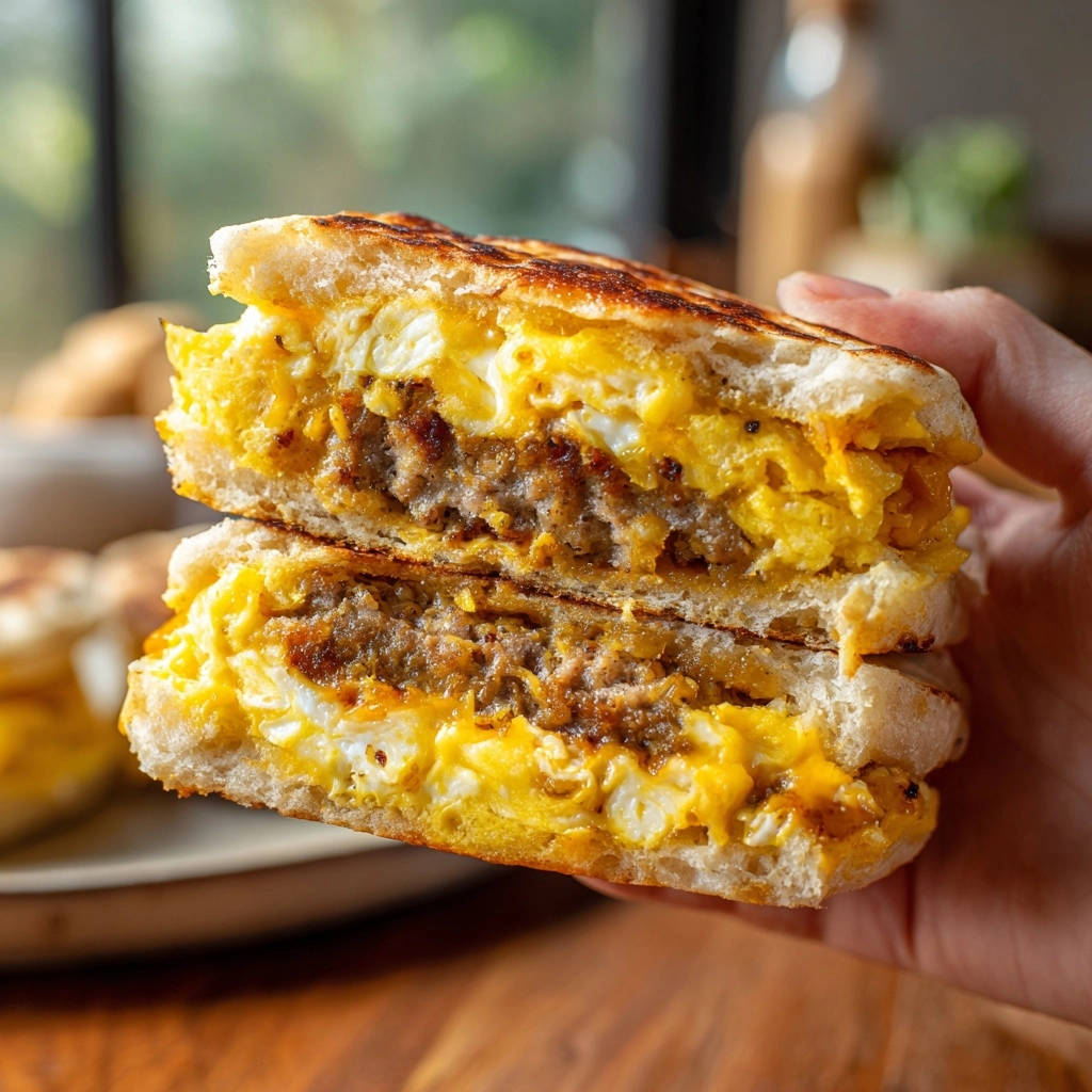 Herzhaftes Frühstücks-Sandwich im Querschnitt mit saftigem Patty, Ei und getoastetem Brot