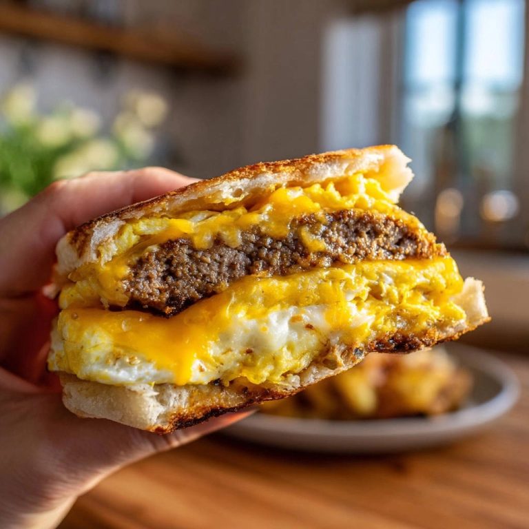 Herzhaftes Frühstücks-Sandwich im Querschnitt mit Patty, Käse und Ei, das eine Person hält.