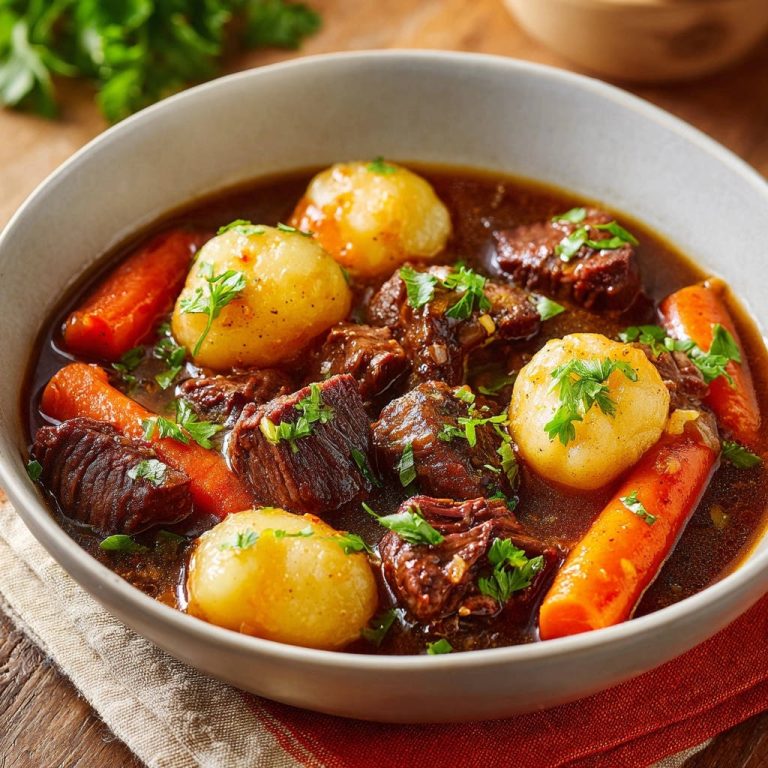Herzhaftes Rindfleisch-Gulasch in einer Schüssel, mit zarten Kartoffeln, Karottenstücken und frischer Petersilie garniert.