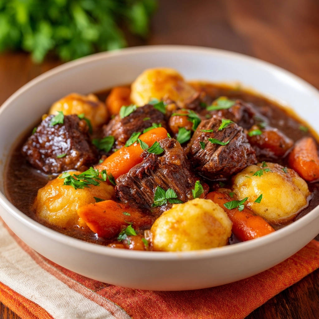 Herzhaftes Rindfleisch-Gulasch als Nahaufnahme serviert in einer Schüssel mit Kartoffeln und Karotten, garniert mit Petersilie.