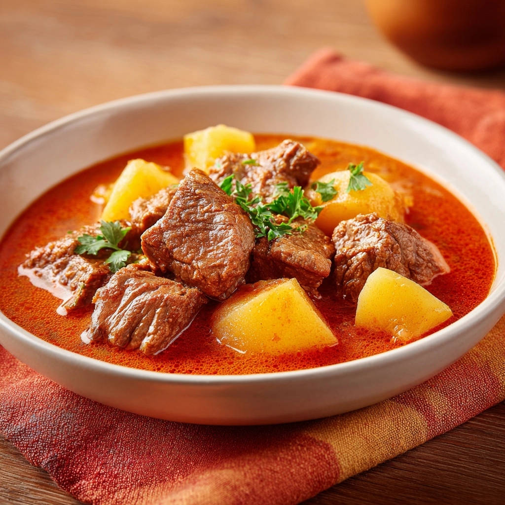 Herzhaftes Rindsgulasch mit Kartoffeln als Nahaufnahme mit frischer Petersilie garniert und in einer Schüssel serviert.