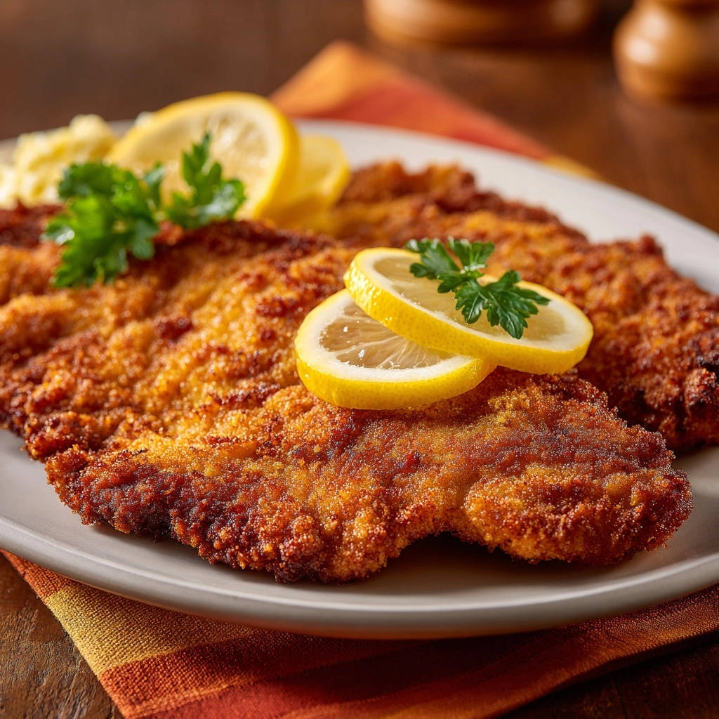 Goldbraunes Hähnchen-Schnitzel mit cremigem Kartoffelsalat, garniert mit frischer Zitrone und Petersilie