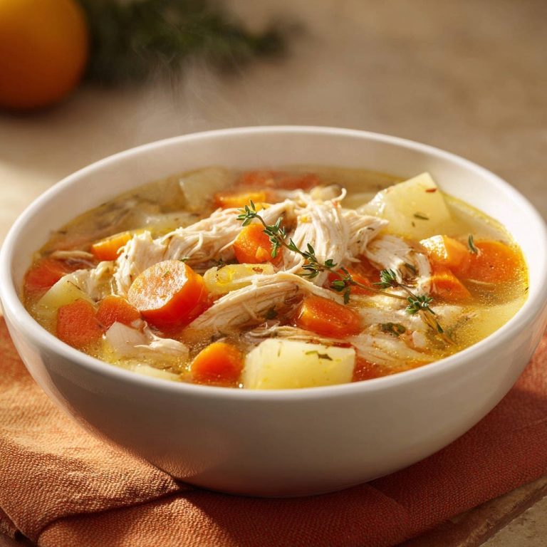 Herzhafte Hühnersuppe mit zartem Hähnchen, Karotten und Kartoffeln, dampfend serviert in einer weißen Schüssel.
