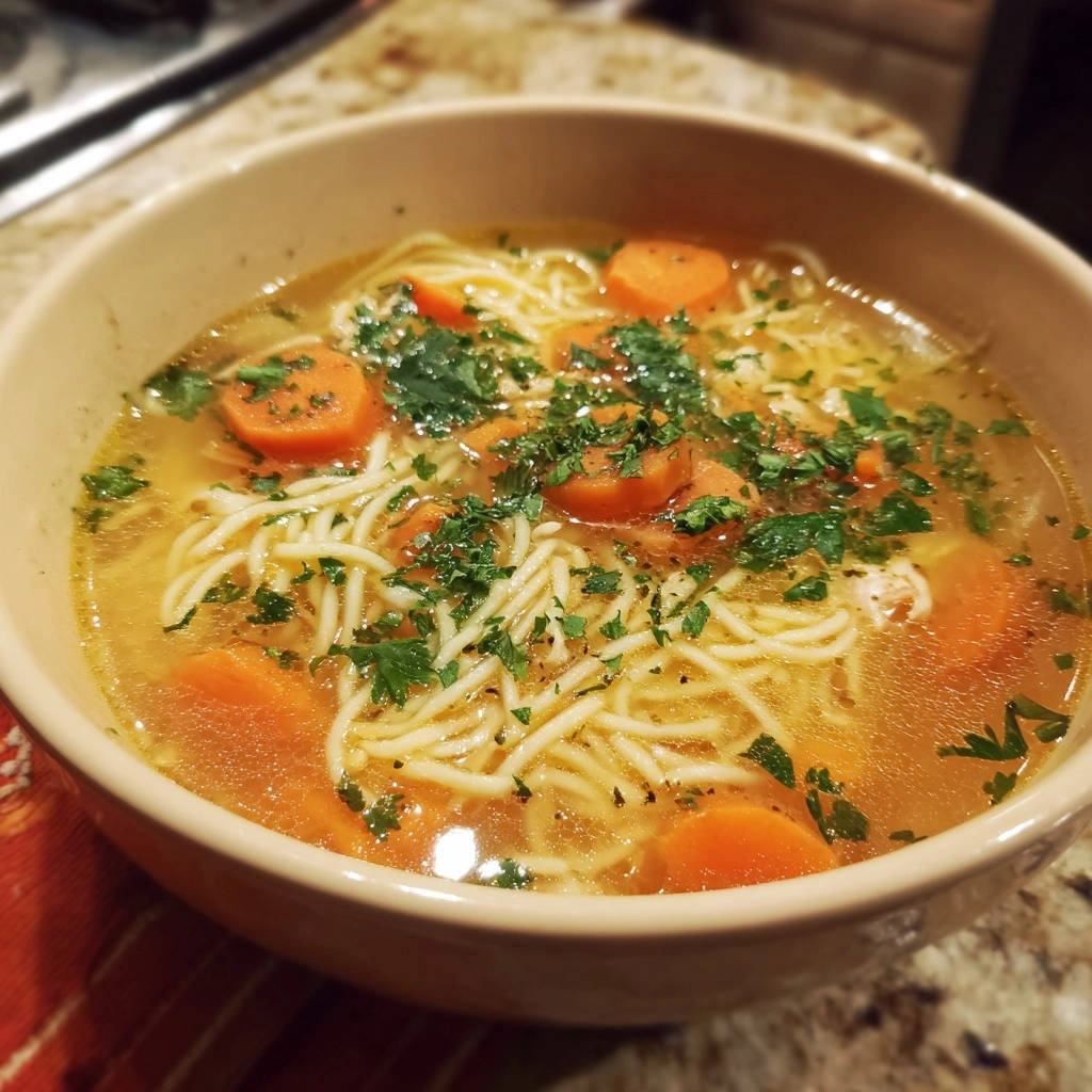 Herzhafte Hühnernudelsuppe mit detaillierter Ansicht von Nudeln und Karotten in der Brühe