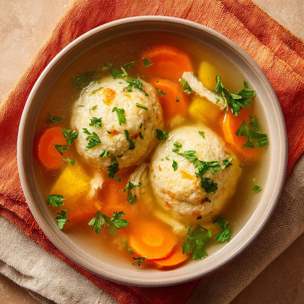 Herzhafte Hühnersuppe mit Klößen, eine Schüssel mit zwei fluffigen Klößen, Karotten und Petersilie von oben gesehen.