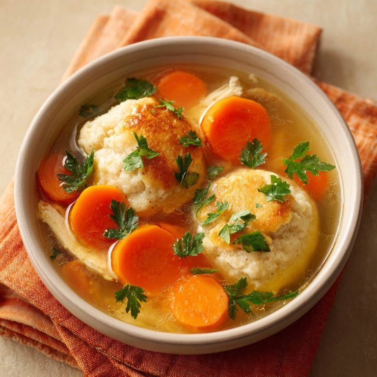 Herzhafte Hühnersuppe mit Klößen als Nahaufnahme, garniert mit frischer Petersilie und Karottenscheiben.