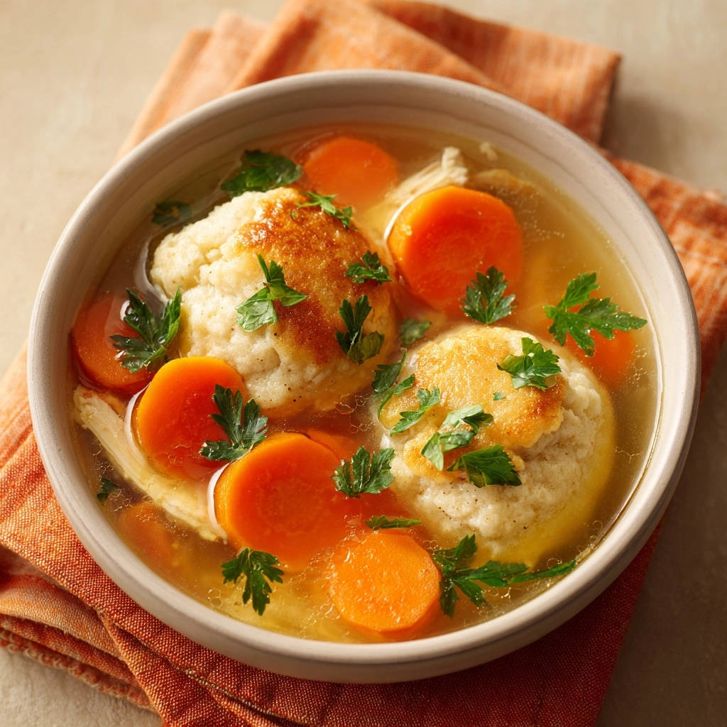 Herzhafte Hühnersuppe mit Klößen als Nahaufnahme, garniert mit frischer Petersilie und Karottenscheiben.