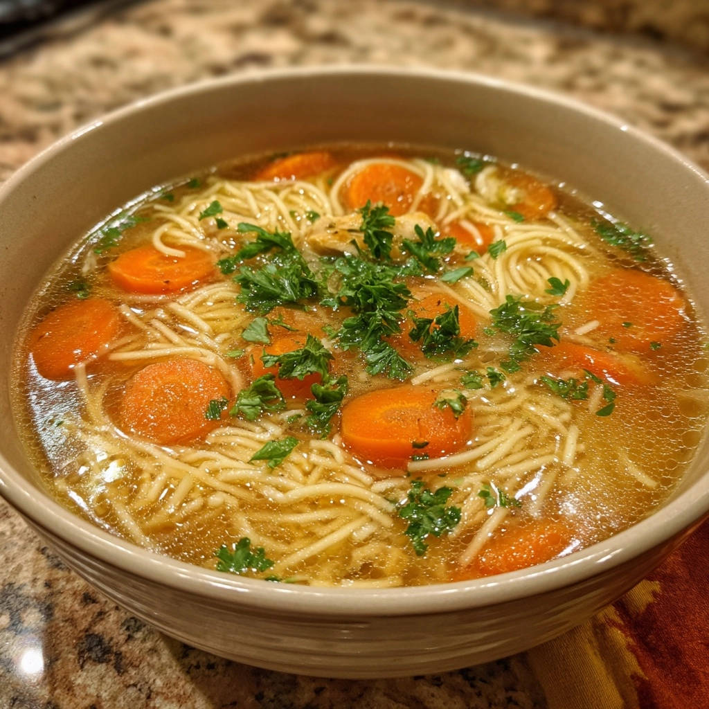 Herzhafte Hühnernudelsuppe mit feinen Nudeln, Karottenscheiben und frischer Petersilie, nahaufnahme.