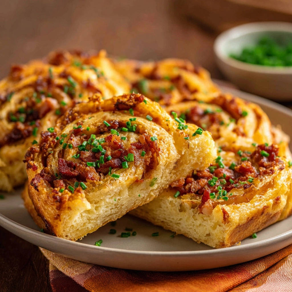 Käse-Speck-Schnecken angeschnitten, die fluffige Textur des Teigs und die herzhafte Speckfüllung sind gut sichtbar.
