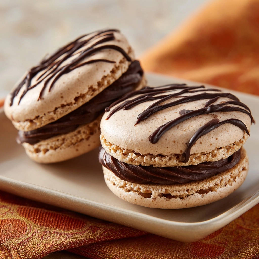 Edle Kaffee-Schoko-Macarons mit Schokoladendrizzle und cremiger Füllung, Nahaufnahme zweier Macarons auf einem Teller.