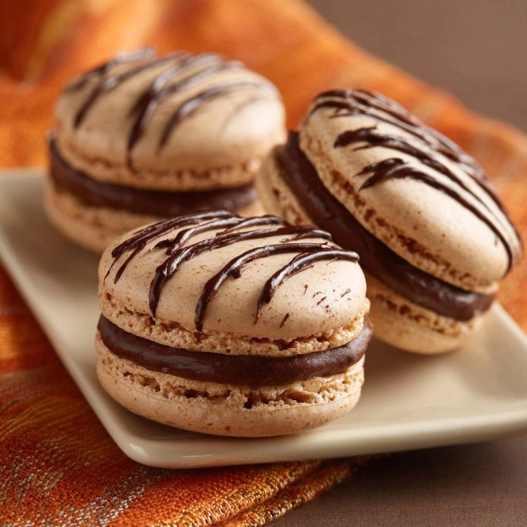 Edle Kaffee-Schoko-Macarons mit Schokoladenstreifen, Nahaufnahme auf einem Teller, die köstliche Füllung ist sichtbar.