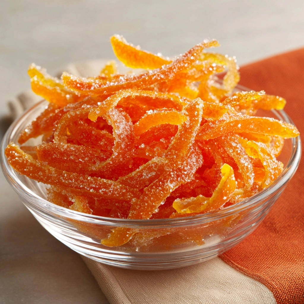 Himmlische kandierte Orangenschalen liegen zart und nicht klebrig in einer Glasschüssel, bedeckt mit Zuckerkristallen.