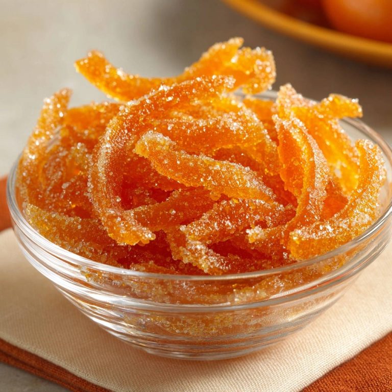 Himmlische kandierte Orangenschalen, nahaufnahme der zart glasierten und zuckrigen Streifen in einer Glasschale.
