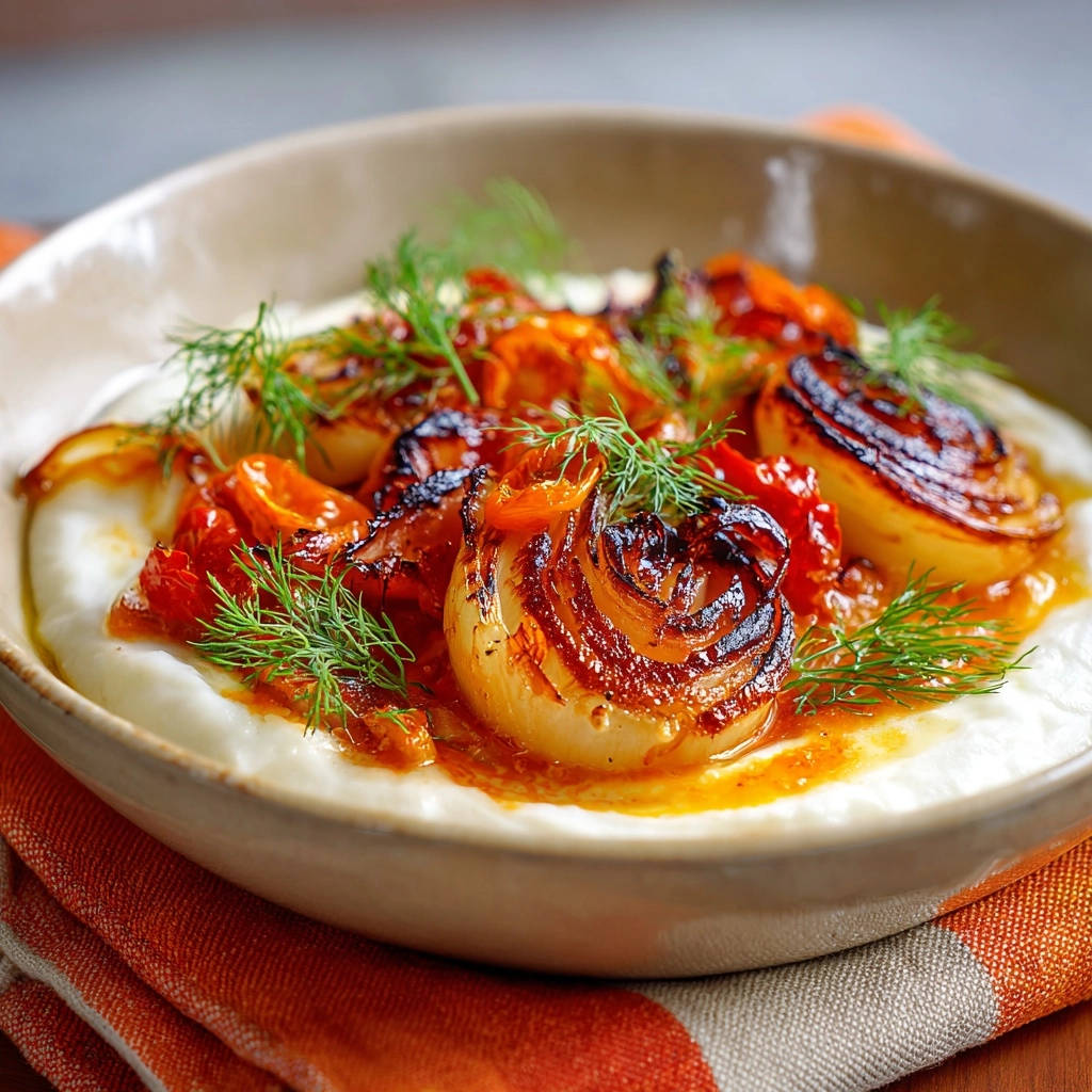 Karamellisierte Zwiebeln auf cremigem Püree mit Kirschtomaten, nahaufnahme der Textur und Garnitur