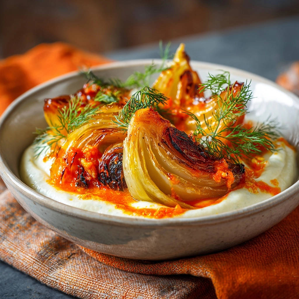 Karamellisierte Zwiebeln auf cremigem Püree mit Kirschtomaten, detailnah mit Fokus auf die Textur und Garnitur.